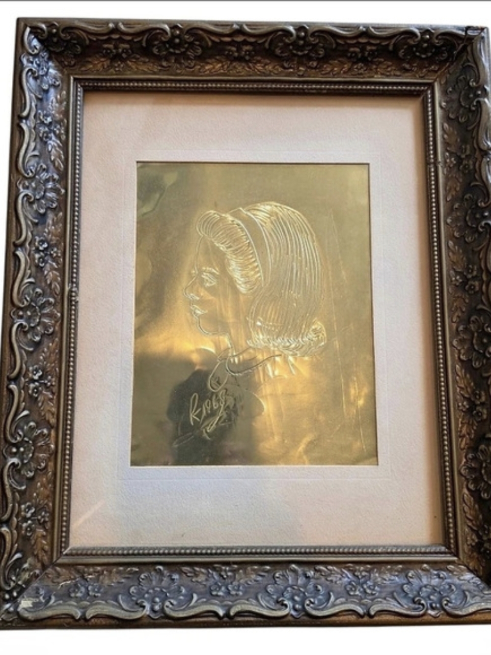 Vtg 1968 Brass Etching Profile Portrait Ornate Lrg Carved Gesso Frame MCM 14x17"